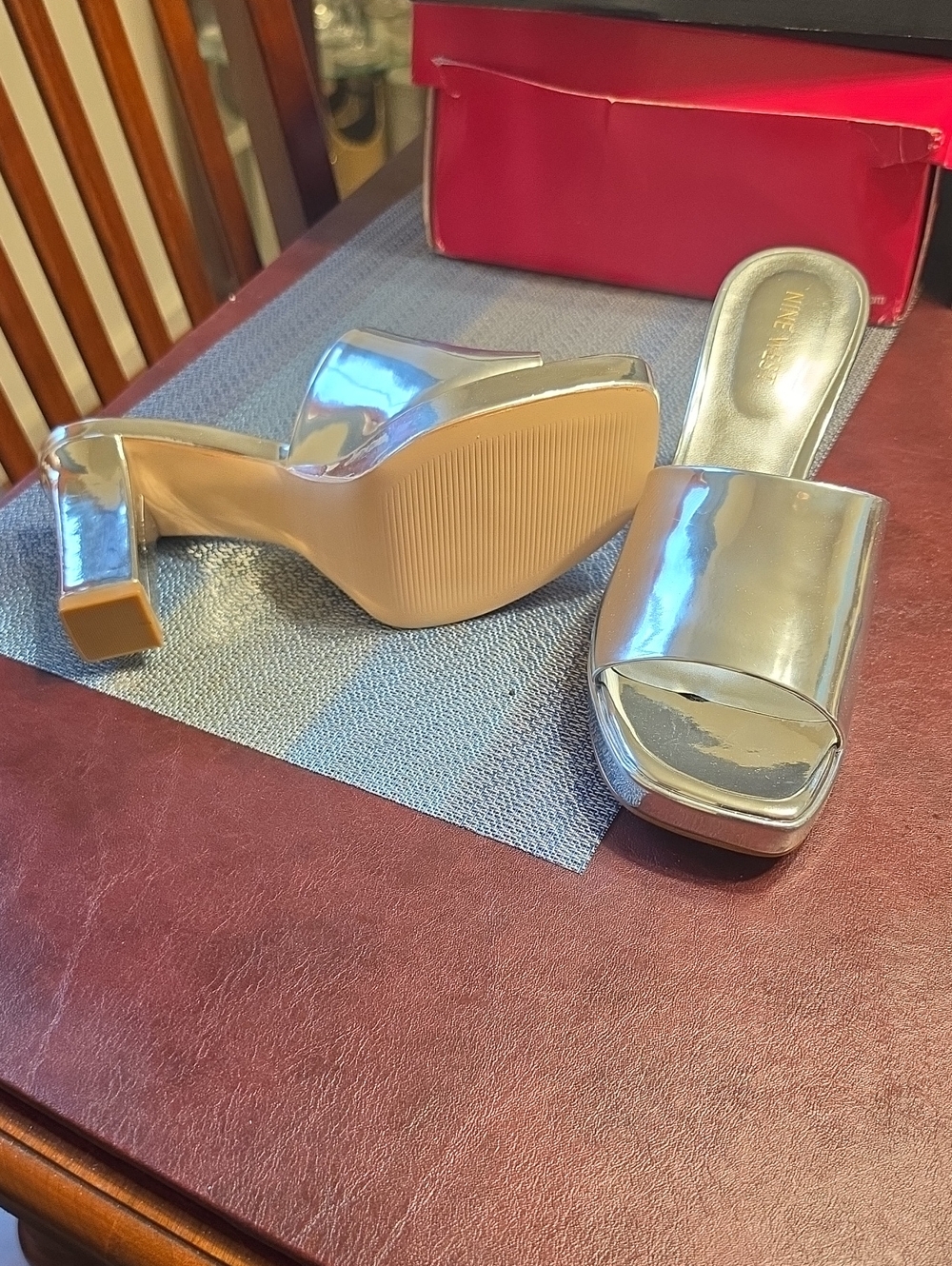 Never Worn Nine West Silver Metallic Block Heel Slide Mules